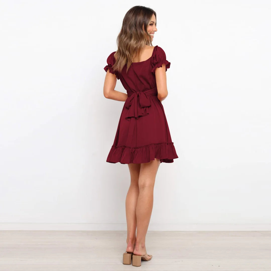 Summer Sundersses White Short Sleeve Ruffles Lace Up Folds Mini Dresses Bohemian Party Beach Dress - The Clothing Company Sydney