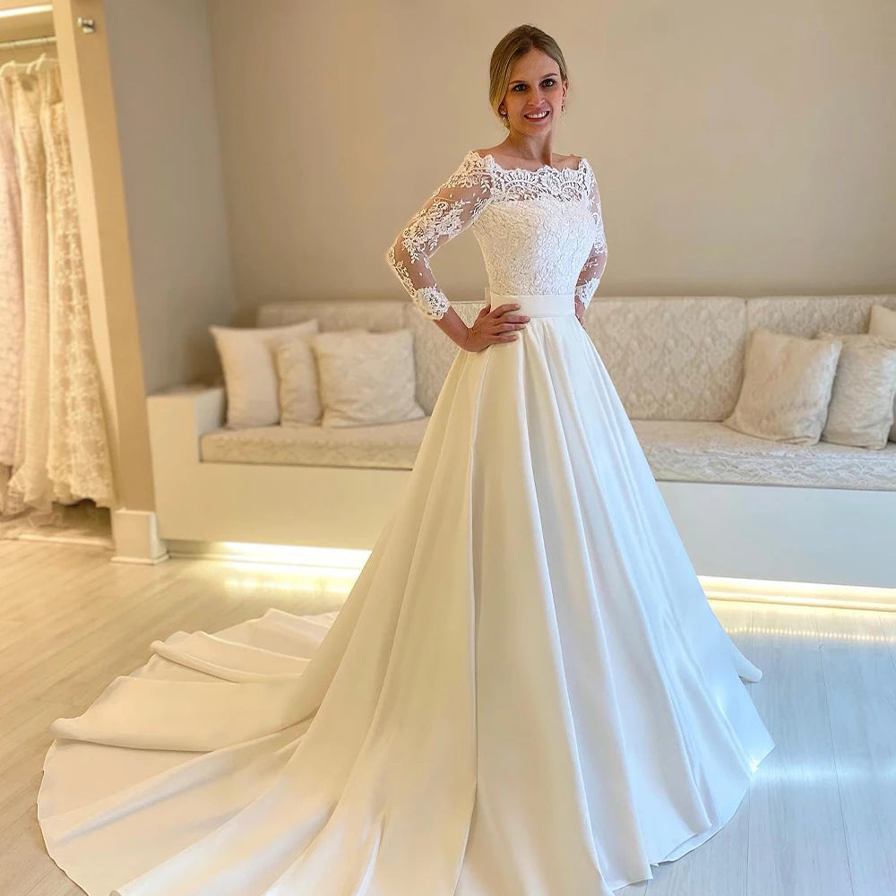 Vintage Off The Shoulder 3/4 Sleeves Lace Applique Satin A Line Wedding Dresses Sweep Train Custom Made Dress The Clothing Company Sydney