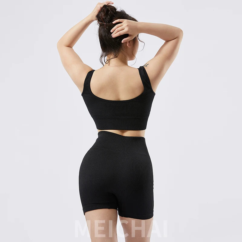 2 Piece Ribbed Yoga Sports Women Seamless Crop Top Bra Shorts Yoga Set Elastic Sportsuit Workout Outfit Fitness Gym Clothes The Clothing Company Sydney