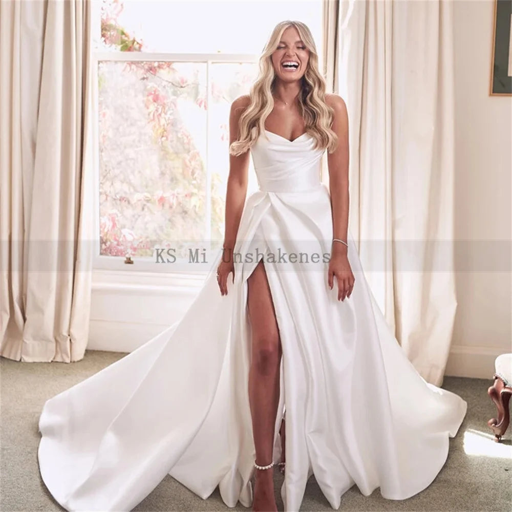 Chic Satin Wedding Dresses High Split Pleats Women Customized Bridal Dress Princess Wedding Gowns A-Line Dress The Clothing Company Sydney