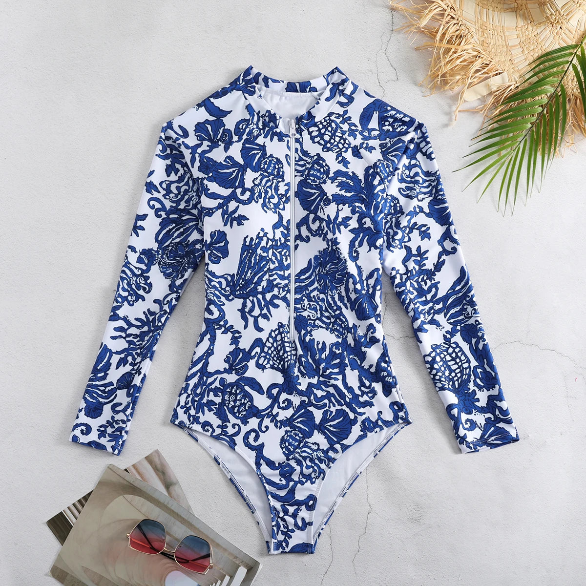 Women Print Floral One Piece Swimsuit Long Sleeve Bathing Suit Swimsuit Vintage Beachwear Surfing Swim Suit - The Clothing Company Sydney