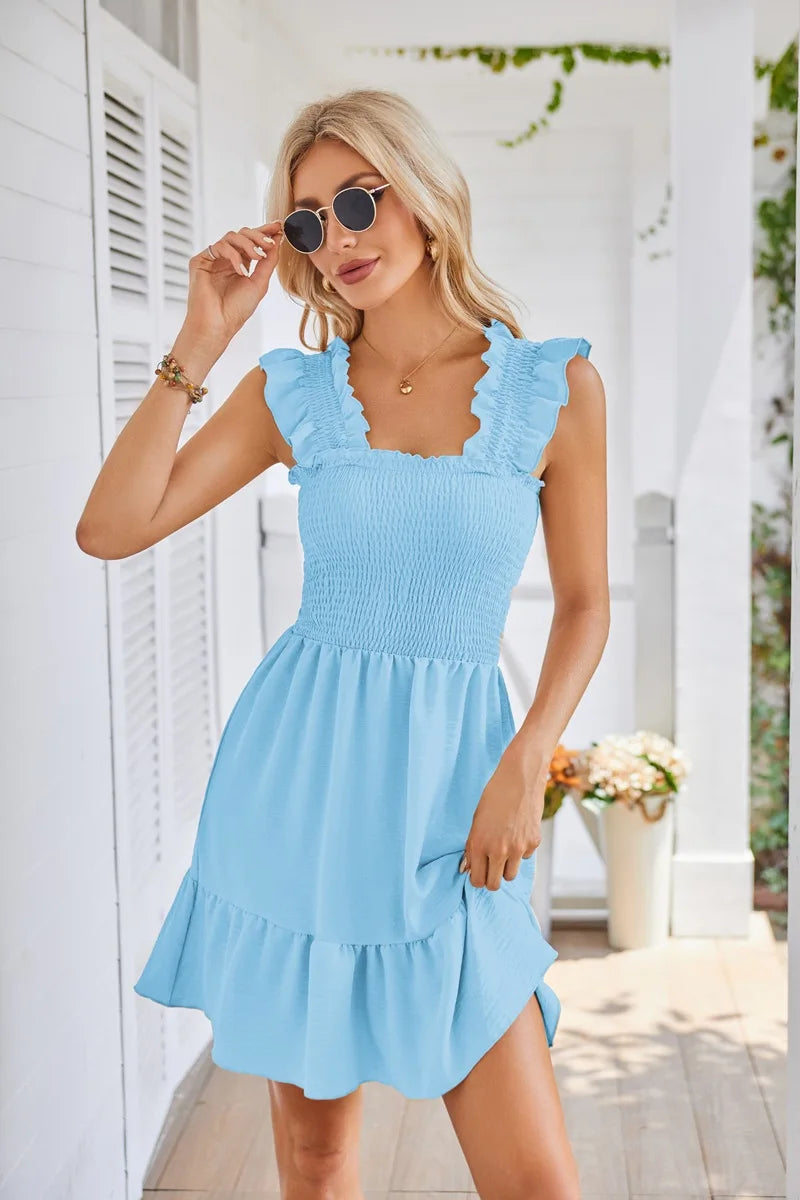 Womens Summer Casual Boho Sleeveless Backless Square Neck Smocked Ruffle Mini Dress A-Line Swing Sundress - The Clothing Company Sydney