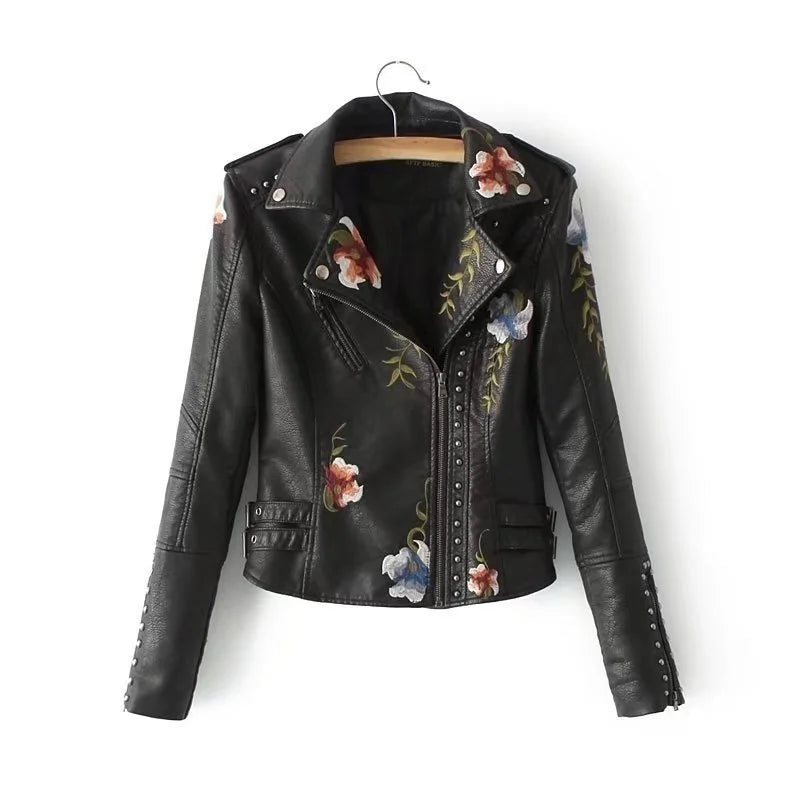PU Leather Embroidered Rivet Coat Biker Streetwear Zipper Overcoat Women's Jackets Spring Clothes - The Clothing Company Sydney
