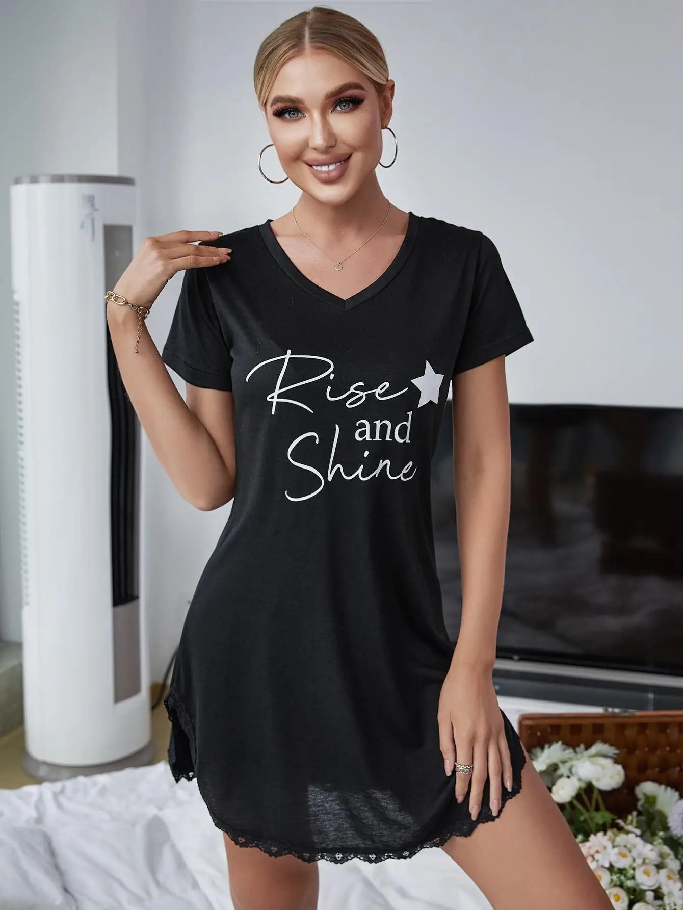 Summer Sleepwear Women Lace Hem Nightdress V-neck Short Sleeve Pajamas Nighties Nightgown Nightwear Side Split Skirt - The Clothing Company Sydney