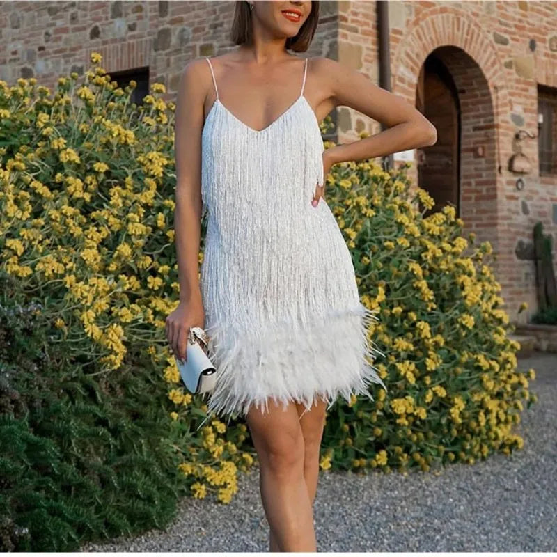 Tassel Sequins Feather Mini Dress Women's Spaghetti Strap Stitching Elegant Evening Party Club Dress - The Clothing Company Sydney