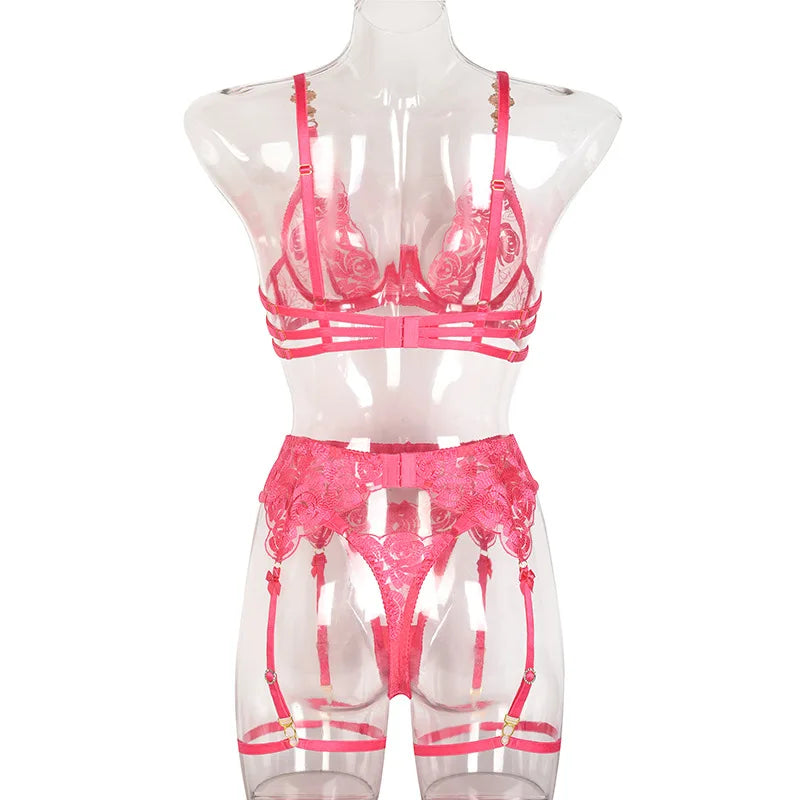 3 Piece Lingerie Luxury Jewel Shoulder Strap Underwear Garter Lace IntimateLingerie Set - The Clothing Company Sydney