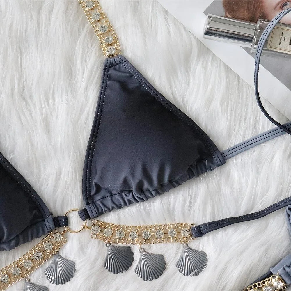 Rhinestone Two 2 Piece Swimsuit Crystal Thong String Bikini Set Women Swimwear Beach Wear Bathing Suit
