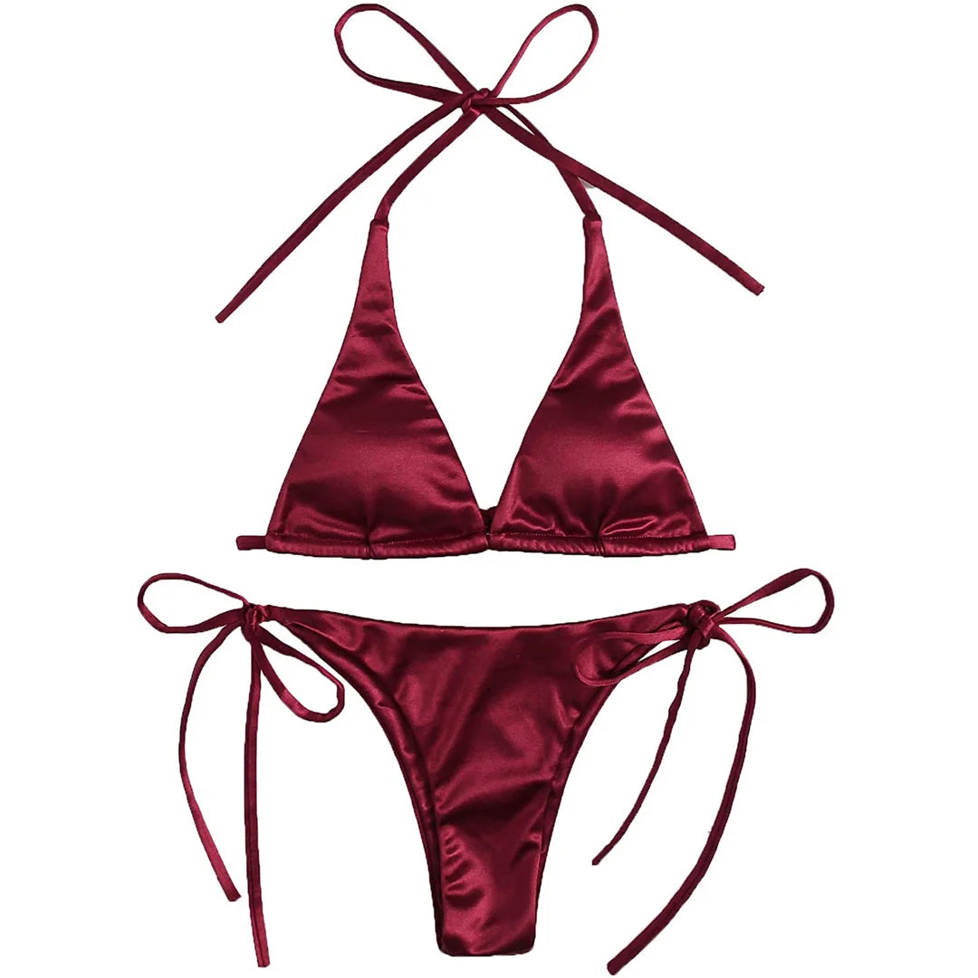 2 Piece Halter Satin Brazilian Bikini Swimwear Swimsuit Two piece Bikini set Bather Bathing Suit - The Clothing Company Sydney