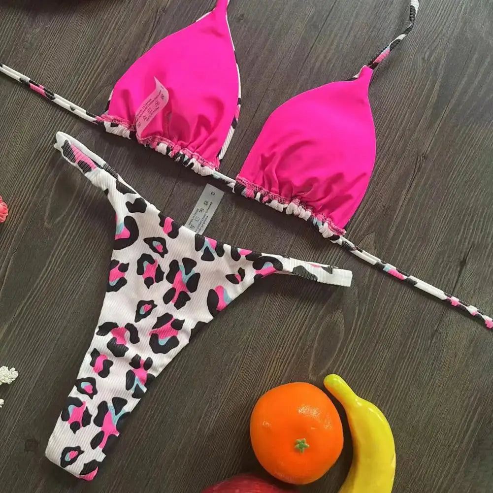 Two Piece Bikini Set Leopard Print Halter Bikini Set Cherry Print Thong Swimsuit High Waist Lace-up Bathing Suit - The Clothing Company Sydney