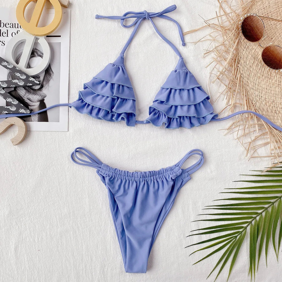 2 Piece Women's Swimsuit Pleated Ruffle Halter Double Ropes Bikinis Set Bathing Suit Swimwear The Clothing Company Sydney