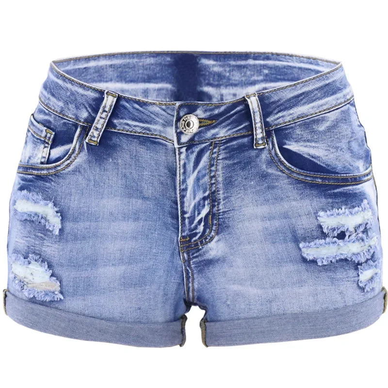 Women's Split Denim Shorts Summer Mid Waist Curled Cuff Elastic Slim Fit Casual Shorts The Clothing Company Sydney