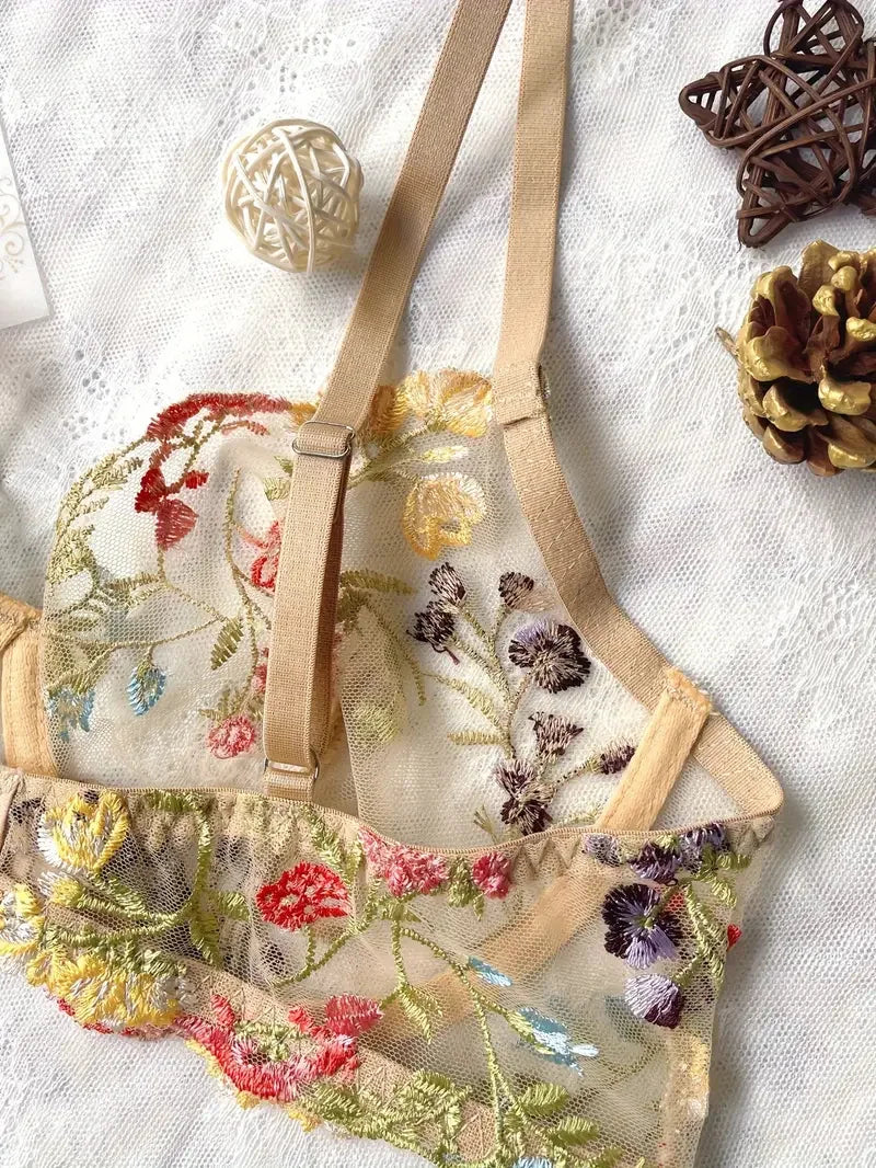Yimunancy Floral Embroidery Lingerie Set Women Sheer 2-Piece Boho Bra + Panty Underwear Set Intimates The Clothing Company Sydney