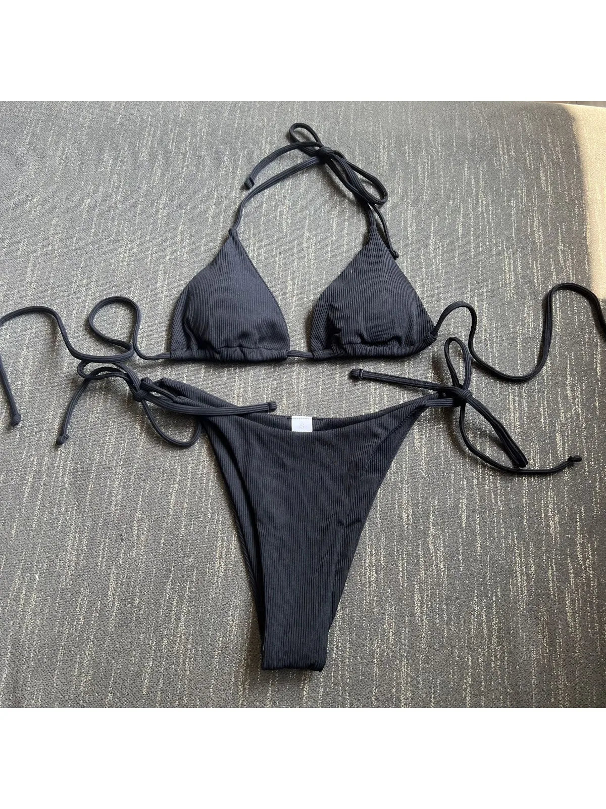 2 Piece Bathing Suit Ribbed Backless Pads Women Bikini Set Halter Triangle Bra Side Tie Thong Swimwear Set - The Clothing Company Sydney