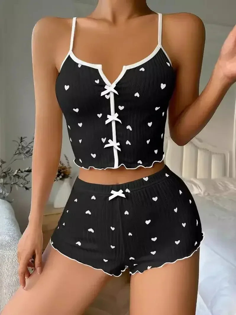 Women’s Heart Print Pyjama Set – Soft Ribbed Cami Top & Shorts with Frill Trim - The Clothing Company Sydney