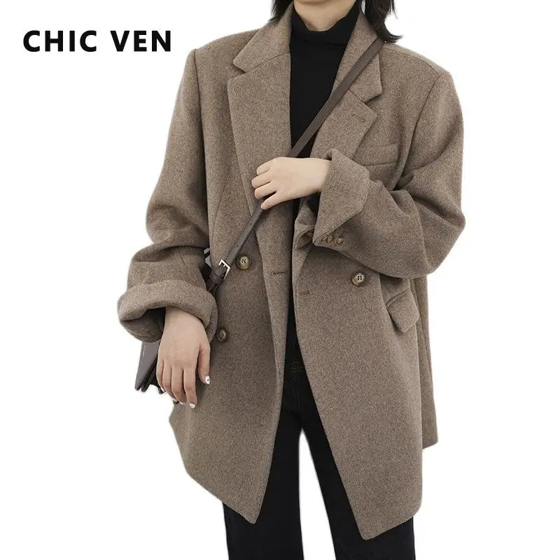 Women's Wool Blend Coat Solid Mid Long Woollen Blazer Thick Warm Blouse Overcoat Office Autumn Winter Jacket - The Clothing Company Sydney