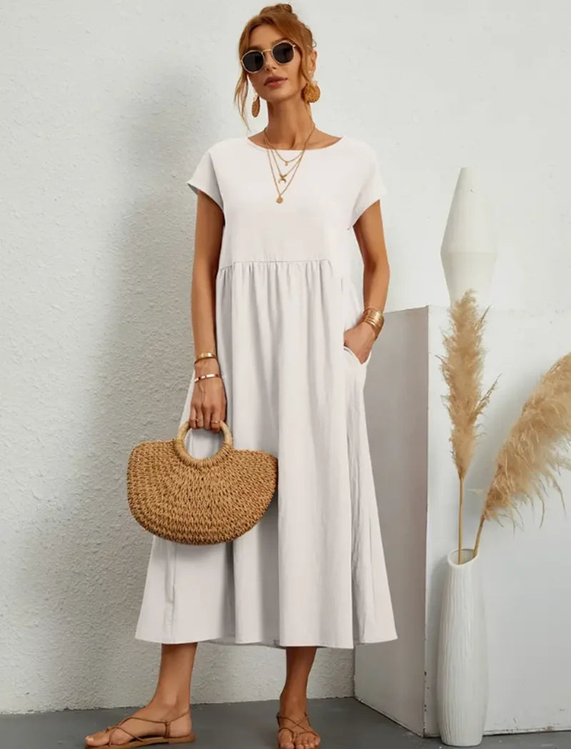 Women's Elegant Dress Summer Short Sleeve O-Neck Vintage Cotton Linen Comfortable Loose Pocket Long Dress - The Clothing Company Sydney