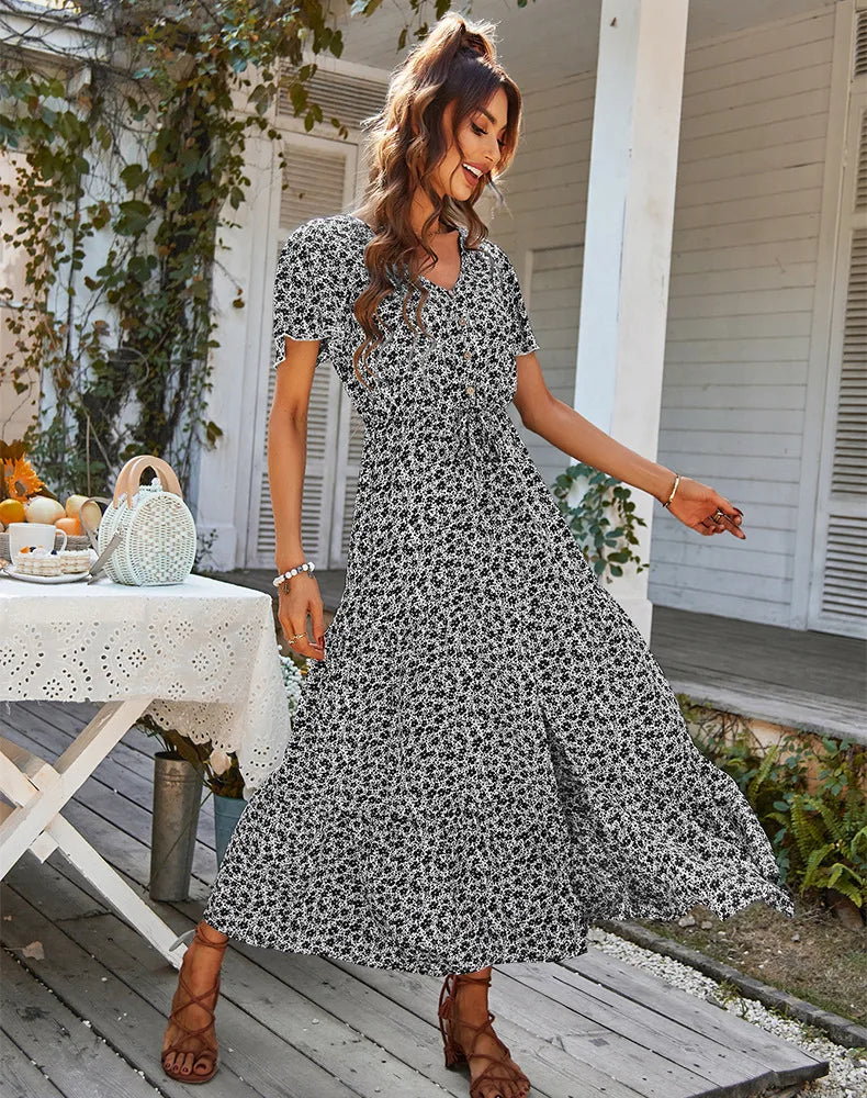 Vintage Floral Dresses for Women Elegant Loose Slit Summer Beach Holiday Leisure Long High Waist Print Dress - The Clothing Company Sydney