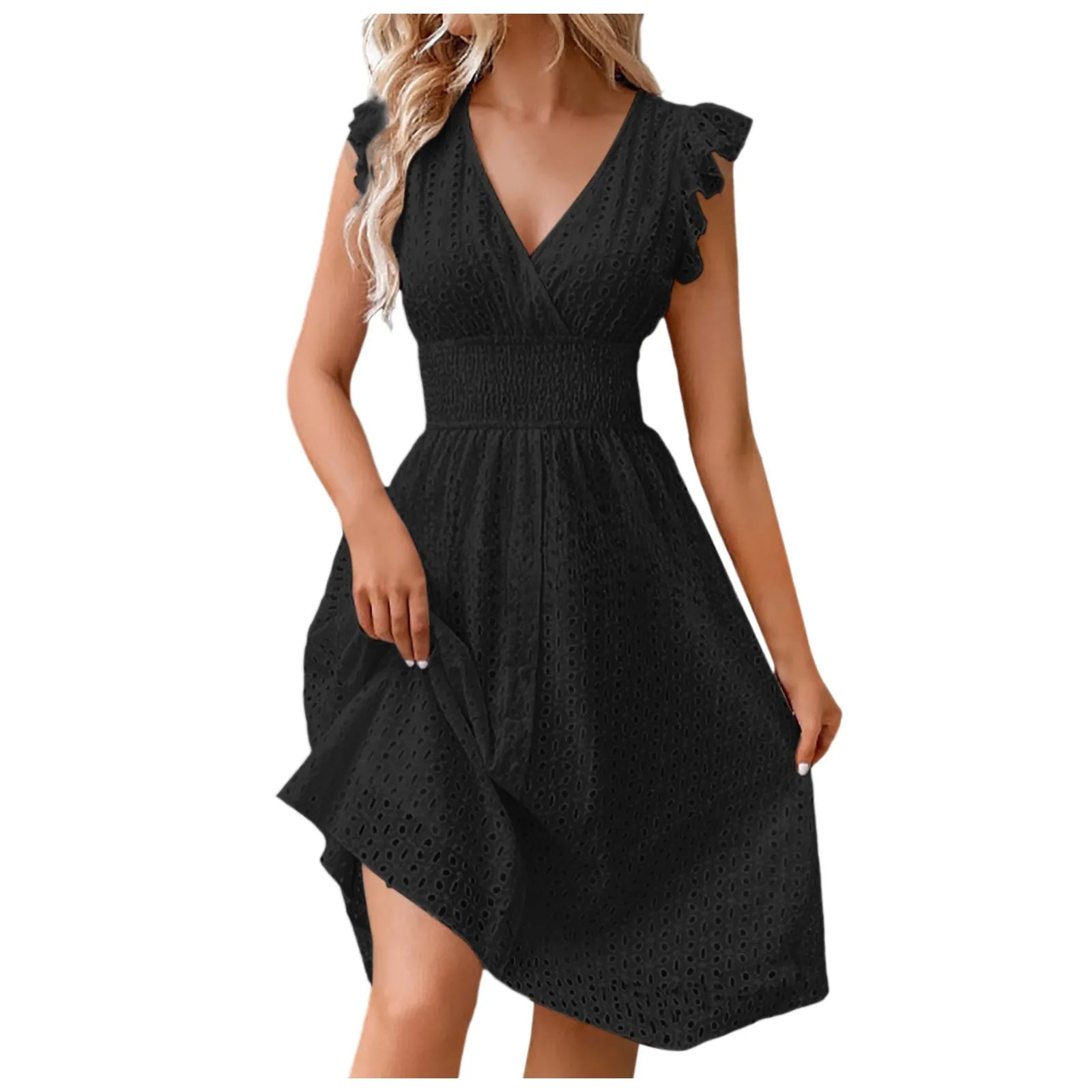 Summer Women's Vacation Short Dress V Neck Flare Sleeve Hollow Lace Waist Casual Beach Holiday Dresses - The Clothing Company Sydney