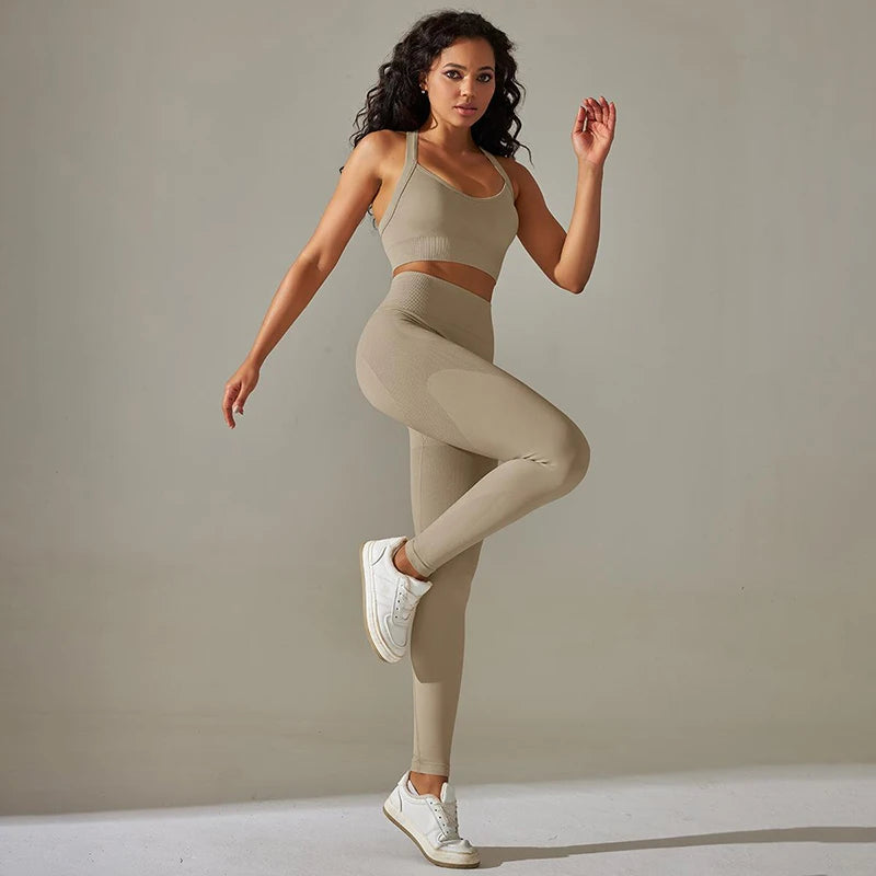 Cross Back Strap Yoga Set Women High Waist Leggings Running Workout Suits Sportswear Seamless Fitness Clothes Tracksuit Set - The Clothing Company Sydney