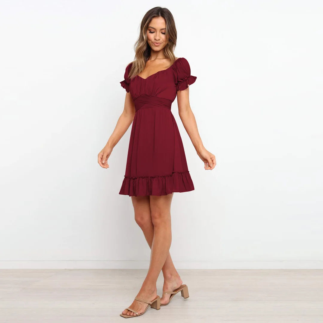 Summer Sundersses White Short Sleeve Ruffles Lace Up Folds Mini Dresses Bohemian Party Beach Dress - The Clothing Company Sydney