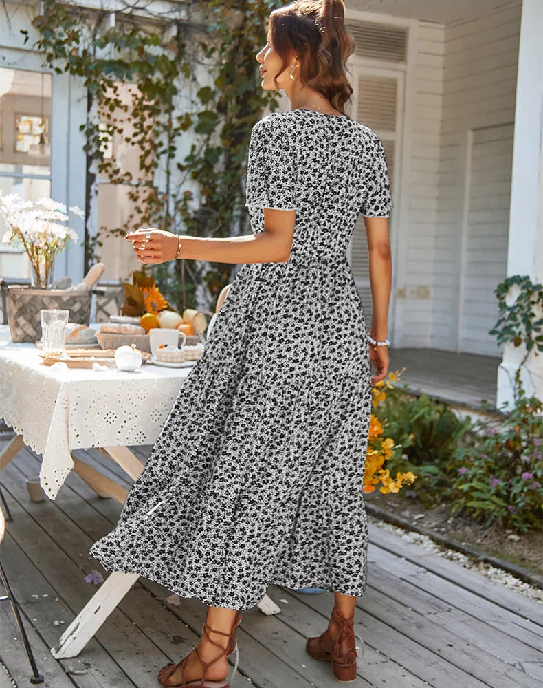 Vintage Floral Dresses for Women Elegant Loose Slit Summer Beach Holiday Leisure Long High Waist Print Dress - The Clothing Company Sydney