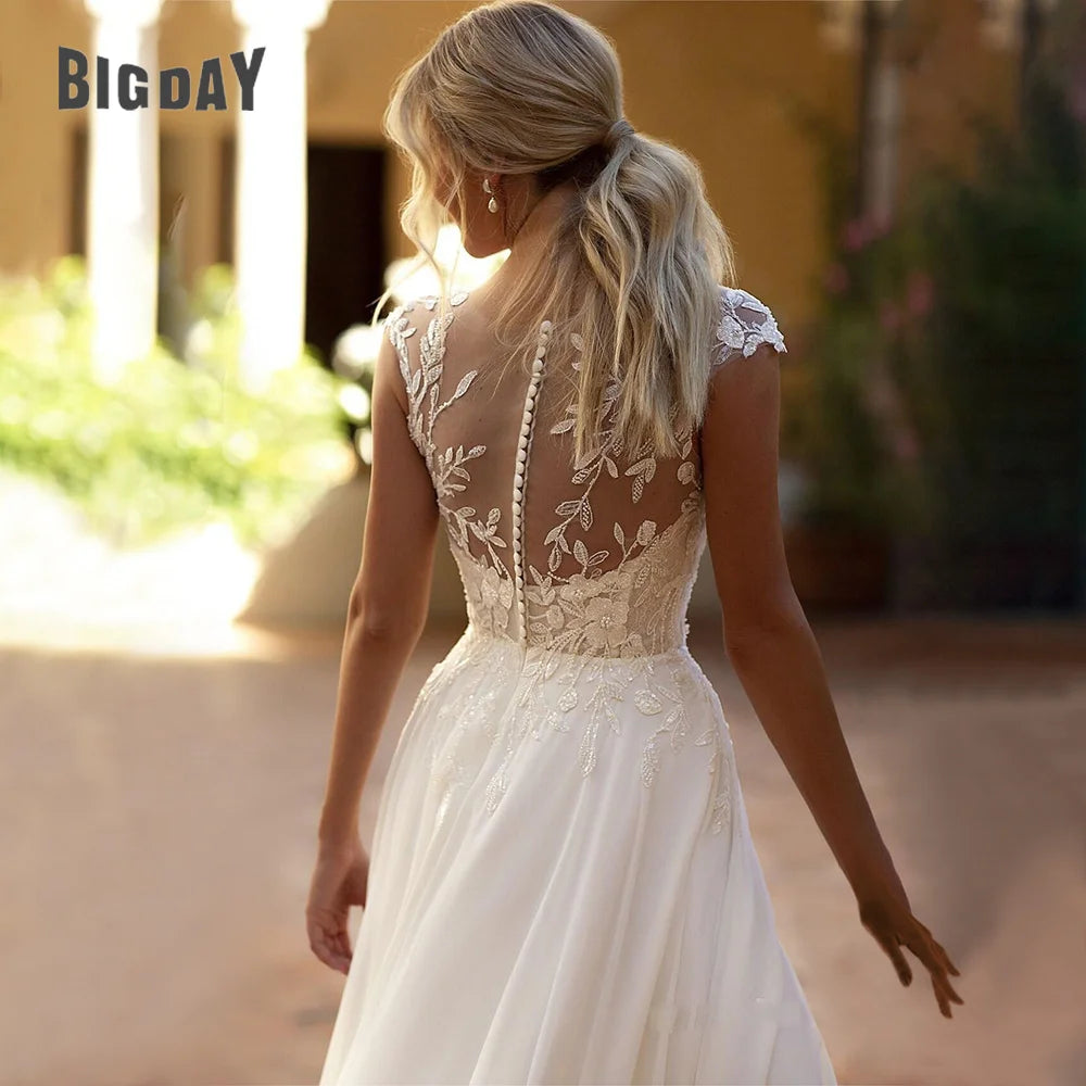 Elegant Boho Lace Wedding Dress Chiffon O-Neck Illusion Back Side Split Applique Bridal Party Gown Customised Wedding Dress The Clothing Company Sydney