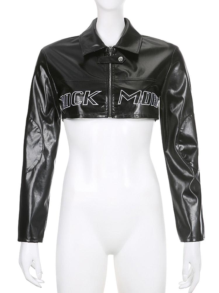 Streetwear Fashion Grunge Zip Up Black PU Leather Jacket Female Letter Embroidery Autumn Coat Motorcycle Jacket Crop Top The Clothing Company Sydney