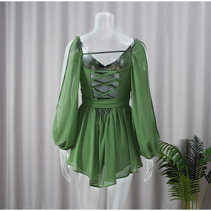 Green Pleated Mini Elegant V-neck Split Long Sleeve A-line Summer Lady Solid Backless Lace Up Dress - The Clothing Company Sydney