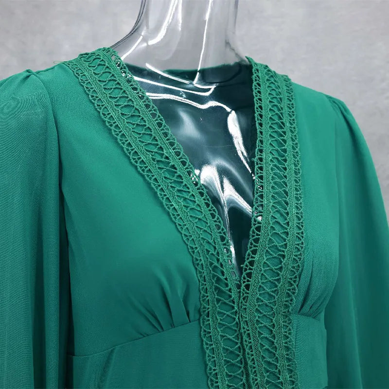 Women V-neck Lantern Long Sleeves Maxi Dress Elegant Patchwork Ruffles Hollow Lace Slim Summer Dress - The Clothing Company Sydney