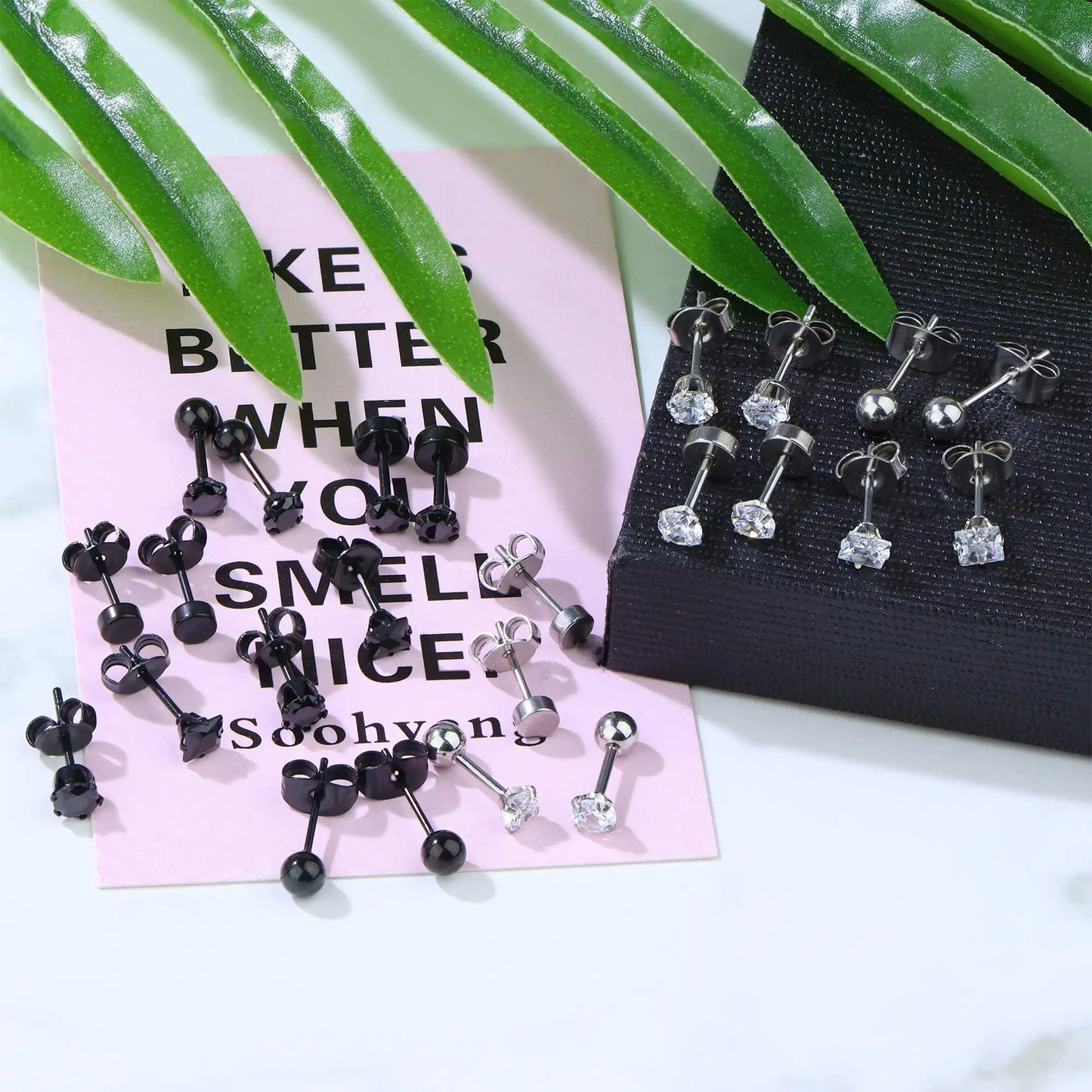 3-8mm Small Black Silver Colour Earrings Stone CZ Crystal Ear Studs Surgical Steel Cubic Unisex Accessories - The Clothing Company Sydney