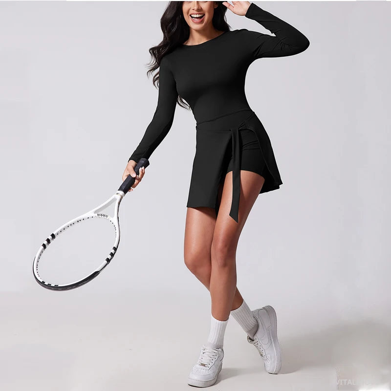 Womens High Neck Tennis Dress Long Sleeve Sarong Wrap Skirt Built in Shorts Golf Athletic Dress - The Clothing Company Sydney