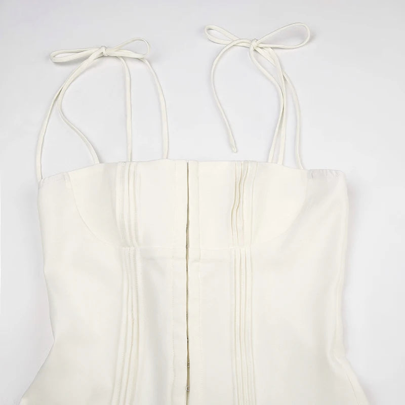 Fashion Chic Fold White Pleated Dress Mini Pins Up Birthday Party Sundress Strappy Corset Summer Dress - The Clothing Company Sydney