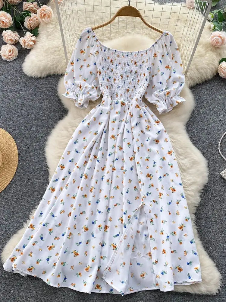 Women's Fashion Romantic Floral Print Split Long Summer Dress Puff Sleeve Party Dress - The Clothing Company Sydney