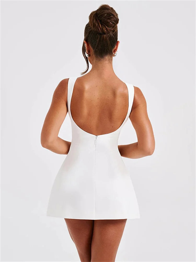 White Backless Patchwork Fashion Summer Elegant Party Mini Dress - The Clothing Company Sydney
