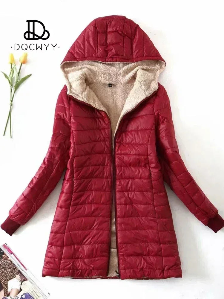 Women's Jacket Winter Mid Length Hooded Fit Plus Fleece Cotton Padded Coat Warm Lamb Fleece Parkas Winter Jackets - The Clothing Company Sydney