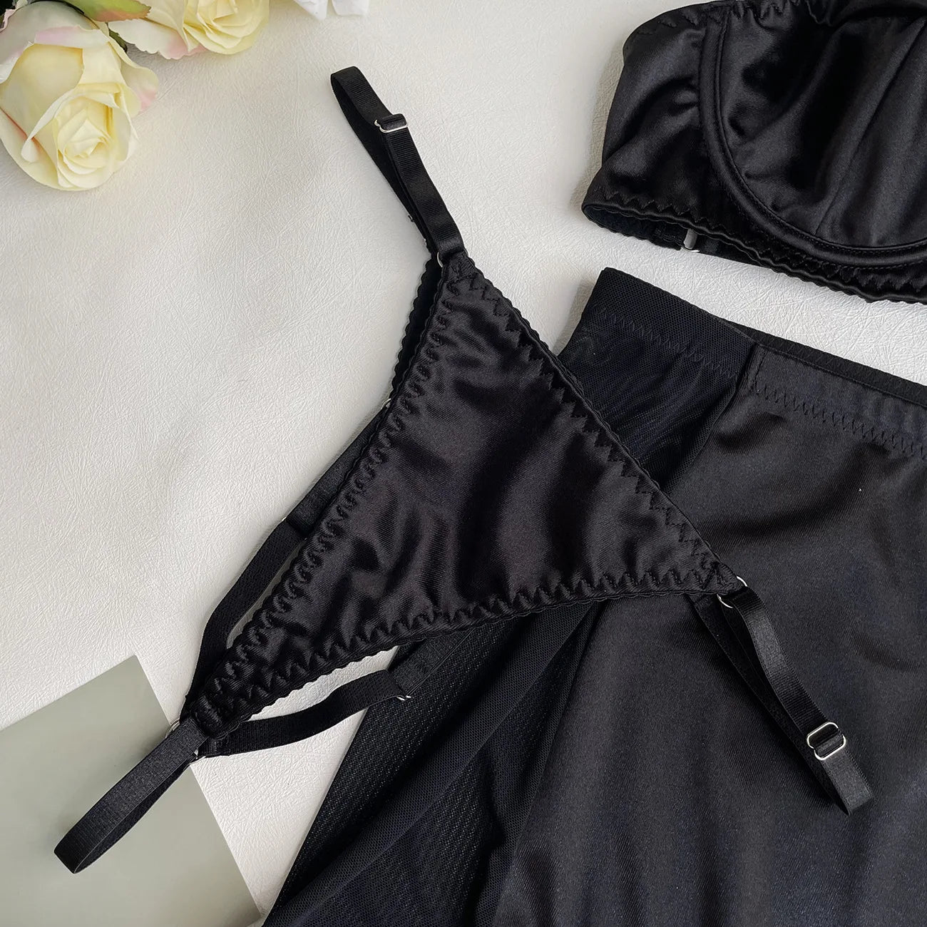 5 Piece Satin Lingerie Underwear Lace Seamless Intimate Skirt Bra And Briefs Outfit Set - The Clothing Company Sydney