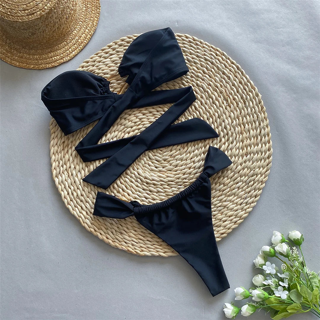 Bandeau High Leg Cut Metal Rings Bikini Swimsuit Swimwear Two-pieces Bikini set Bather Bathing Suit - The Clothing Company Sydney