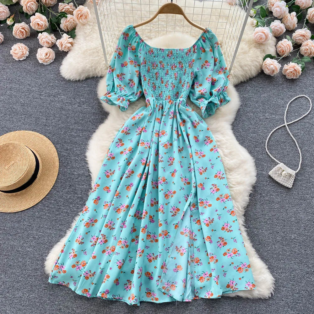 Women's Fashion Romantic Floral Print Split Long Summer Dress Puff Sleeve Party Dress - The Clothing Company Sydney
