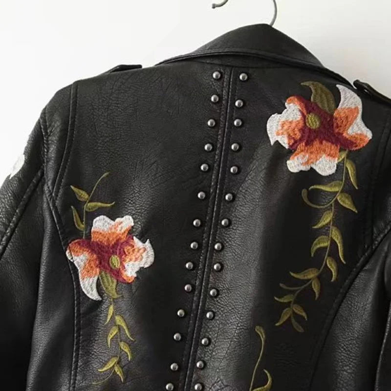 PU Leather Embroidered Rivet Coat Biker Streetwear Zipper Overcoat Women's Jackets Spring Clothes - The Clothing Company Sydney