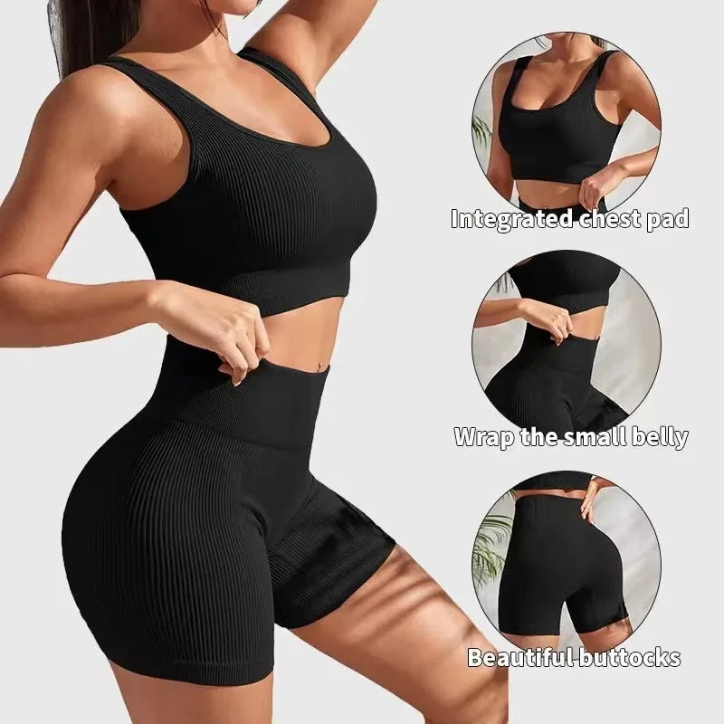 2 Piece Ribbed Yoga Sports Women Seamless Crop Top Bra Shorts Yoga Set Elastic Sportsuit Workout Outfit Fitness Gym Clothes The Clothing Company Sydney