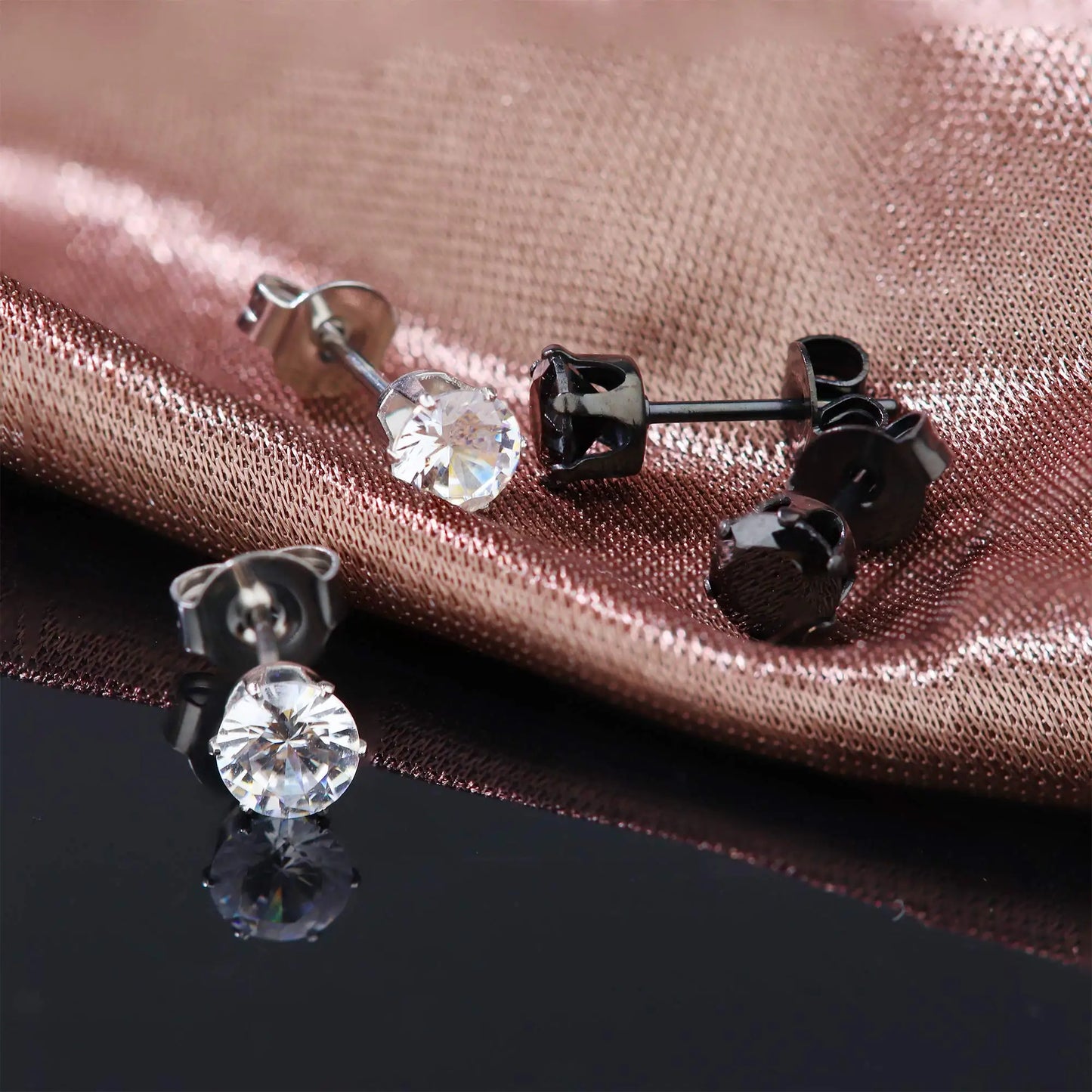 3-8mm Small Black Silver Colour Earrings Stone CZ Crystal Ear Studs Surgical Steel Cubic Unisex Accessories - The Clothing Company Sydney