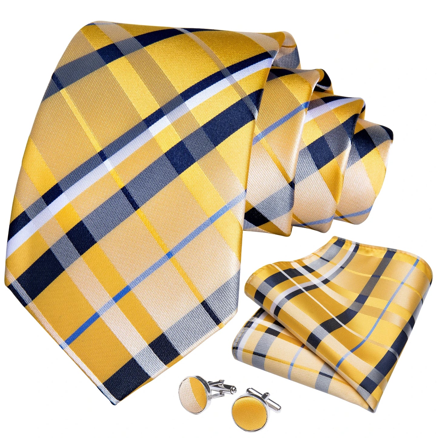 Yellow Striped Plaid Silk Ties For Men Handkerchief Cufflinks Brooch Pin Wedding Accessories Gift Set - The Clothing Company Sydney