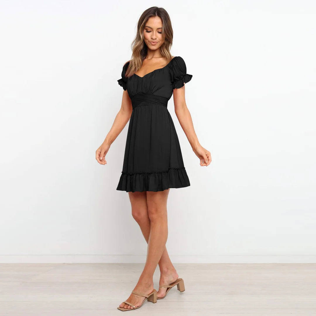 Summer Sundersses White Short Sleeve Ruffles Lace Up Folds Mini Dresses Bohemian Party Beach Dress - The Clothing Company Sydney