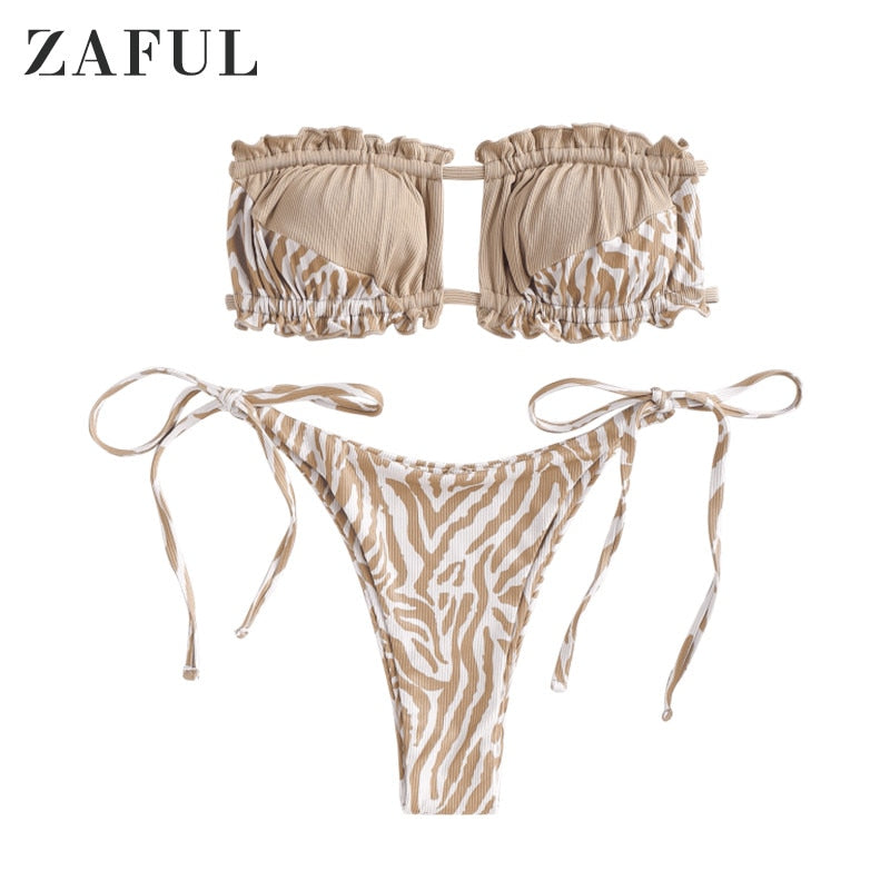 Ribbed Tie Side Bikini Set Animal Spotted Bandeau Two Piece Swimwear The Clothing Company Sydney