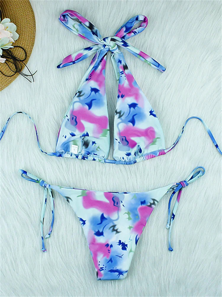 Bikini Swimsuit Women Halter Lace Up Swimwear Tie Dye Bikinis Thong Bathing Suit For Female Summer Beach Wear - The Clothing Company Sydney
