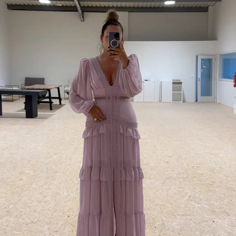 Women V-neck Lantern Long Sleeves Maxi Dress Elegant Patchwork Ruffles Hollow Lace Slim Summer Dress - The Clothing Company Sydney