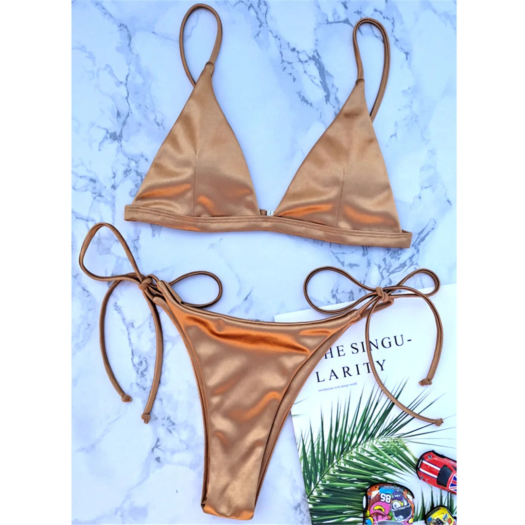 Side Tie Satin High Leg Cut Brazilian Bikini Swimwear Swimsuit Two piece Bikini set Bather Bathing Suit - The Clothing Company Sydney