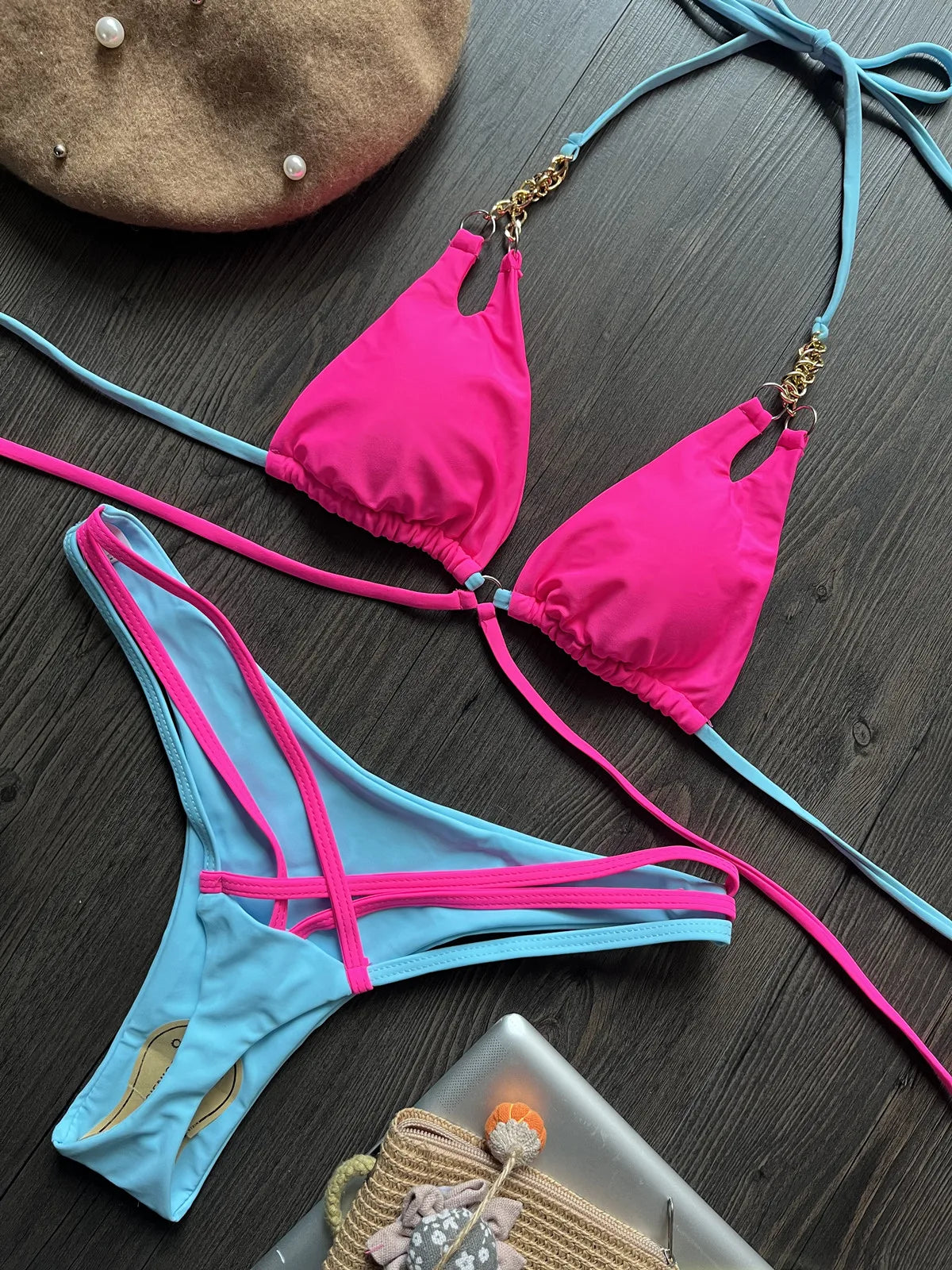 Metal Chain Decoration Swimwear Women Bikini Push Up Swimsuit Two Pieces Bathing Suit - The Clothing Company Sydney