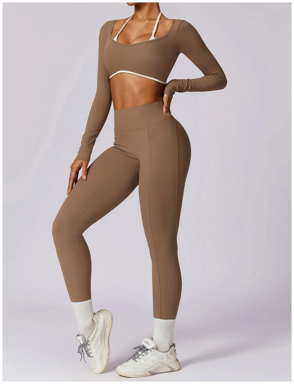 2 Piece Womens Tracksuit Yoga Set Workout Sportswear Gym Clothing Fitness Long Sleeve Crop Top High Waist Leggings Sports Suits - The Clothing Company Sydney