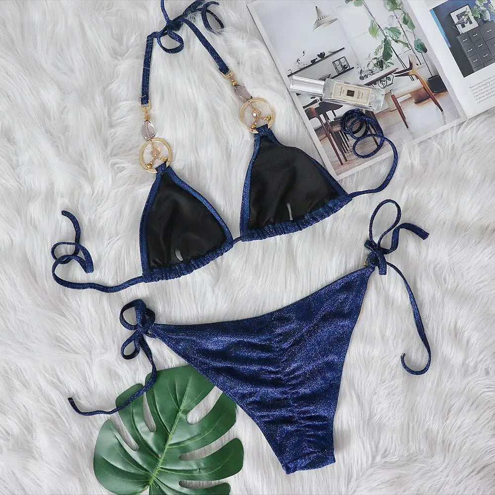 2 Piece Rhinestone Swimsuit Crystal Thong String Bikini Set Swimwear Beach Wear Bathing Suit - The Clothing Company Sydney